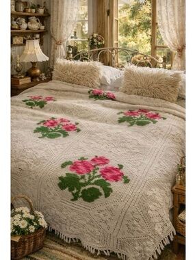 Vintage Fillet Crochet Floral Bedspread - Coverlet